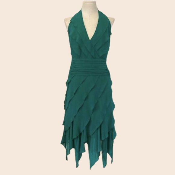 Vintage Dresses & Skirts - Vintage Tadashi Green Halter Layered Silk Gown Size 4 US / 8 UK